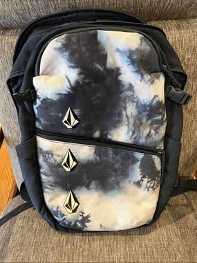 Volcom Black and Blue Tie-Dye Backpack with Logo Accents